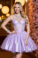 Load image into Gallery viewer, Sparkly Lilac A Line Satin Short Corset Prom Dress