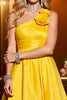 Load image into Gallery viewer, Yellow Satin A Line One Shoulder Short Prom Dress with 3D Flowers