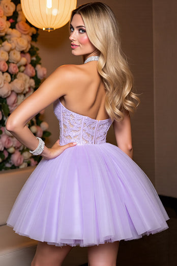 Lilac Tulle A Line Corset Halter Short Prom Dress