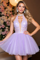 Load image into Gallery viewer, Lilac Tulle A Line Corset Halter Short Prom Dress