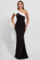 Load image into Gallery viewer, Black Satin One Shoulder Long Mermaid Formal Dress with Ruffles