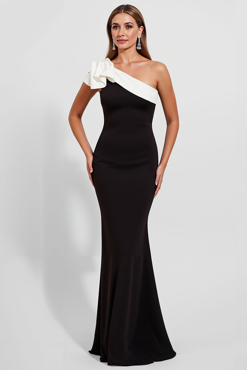 Load image into Gallery viewer, Black Satin One Shoulder Long Mermaid Formal Dress with Ruffles