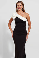 Load image into Gallery viewer, Black Satin One Shoulder Long Mermaid Formal Dress with Ruffles