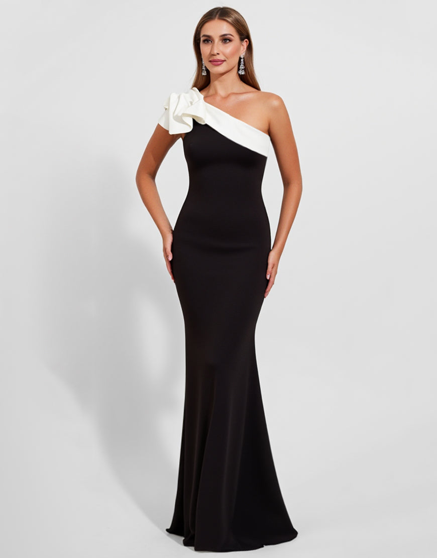 Load image into Gallery viewer, Black Satin One Shoulder Long Mermaid Formal Dress with Ruffles
