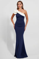 Load image into Gallery viewer, Black Satin One Shoulder Long Mermaid Formal Dress with Ruffles