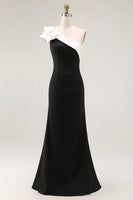 Load image into Gallery viewer, Black Satin One Shoulder Long Mermaid Formal Dress with Ruffles