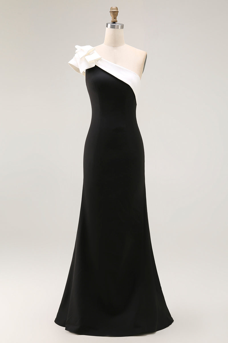 Load image into Gallery viewer, Black Satin One Shoulder Long Mermaid Formal Dress with Ruffles