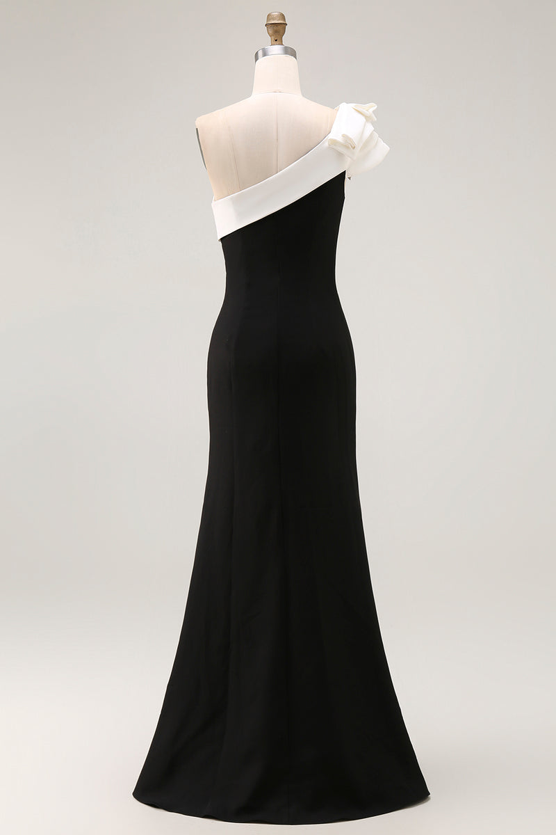 Load image into Gallery viewer, Black Satin One Shoulder Long Mermaid Formal Dress with Ruffles
