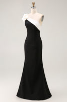 Load image into Gallery viewer, Black Satin One Shoulder Long Mermaid Formal Dress with Ruffles