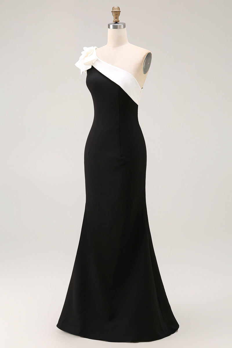 Load image into Gallery viewer, Black Satin One Shoulder Long Mermaid Formal Dress with Ruffles