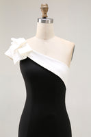 Load image into Gallery viewer, Black Satin One Shoulder Long Mermaid Formal Dress with Ruffles