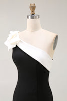 Load image into Gallery viewer, Black Satin One Shoulder Long Mermaid Formal Dress with Ruffles