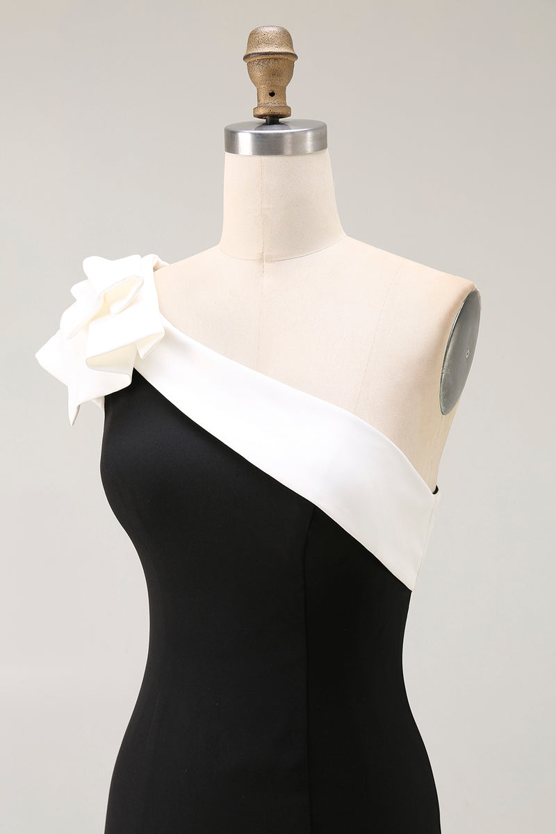 Load image into Gallery viewer, Black Satin One Shoulder Long Mermaid Formal Dress with Ruffles