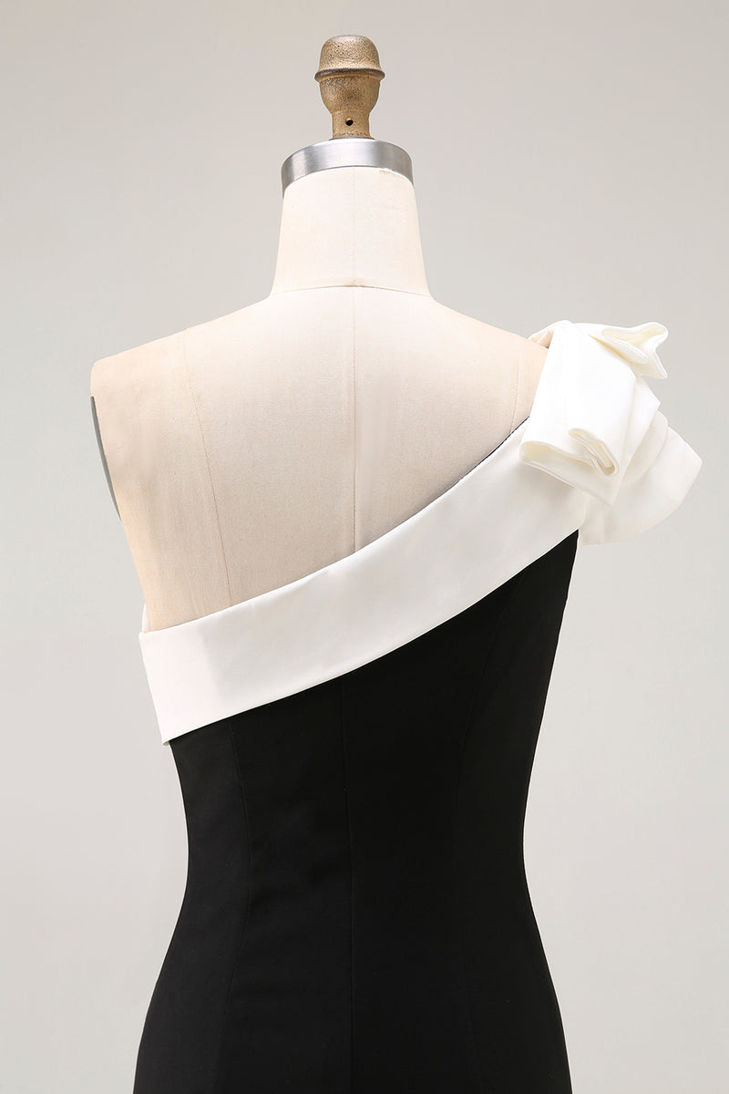 Load image into Gallery viewer, Black Satin One Shoulder Long Mermaid Formal Dress with Ruffles