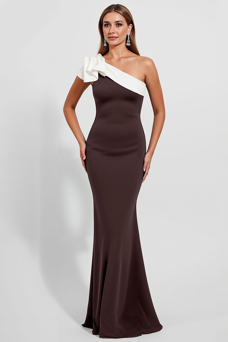 Load image into Gallery viewer, Black Satin One Shoulder Long Mermaid Formal Dress with Ruffles