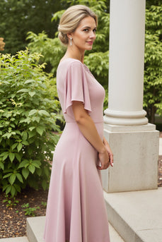 Dusty Rose Satin Sheath Mother of the Bride Dress with Flutter Sleeves