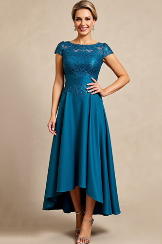 Peacock Blue Satin A Line Mother of the Bride Dress with Lace