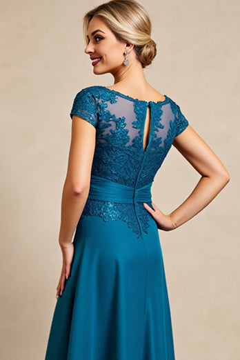 Peacock Blue Satin A Line Mother of the Bride Dress with Lace