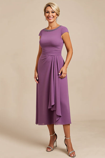 Purple Satin Sheath Long Mother of the Bride Dress with Appliques