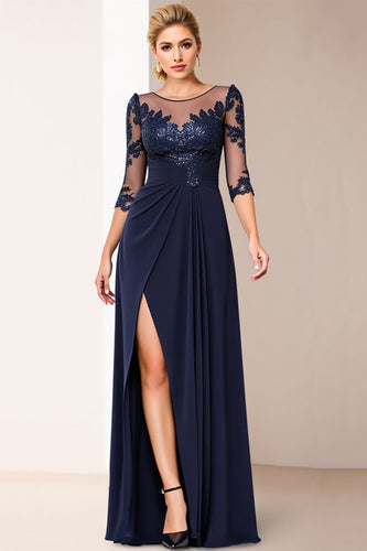 Navy Satin Sheath Long Mother of the Bride Dress with Lace