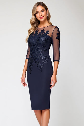 Navy Satin Bodycon Long Mother of the Bride Dress with Lace