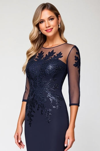 Navy Satin Bodycon Long Mother of the Bride Dress with Lace