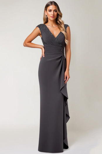Steel Grey Sheath V Neck Mother of the Bride Dress with Ruffles