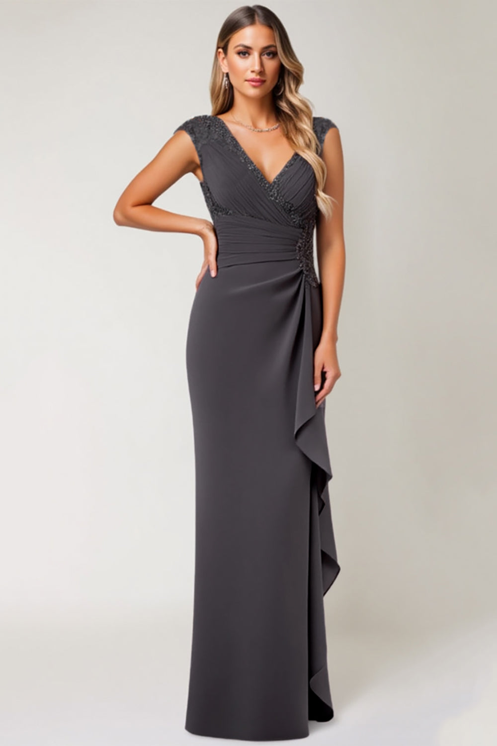 Steel Grey Sheath V Neck Mother of the Bride Dress with Ruffles