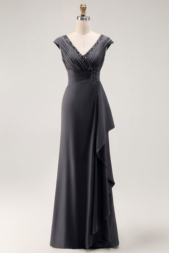 Steel Grey V Neck Sheath Mother of the Bride Dress with Ruffles
