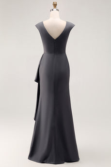 Steel Grey V Neck Sheath Mother of the Bride Dress with Ruffles