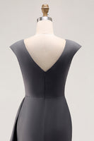 Load image into Gallery viewer, Steel Grey V Neck Sheath Mother of the Bride Dress with Ruffles