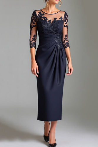 Navy Satin Sheath Illusion Neck Mother of the Bride Dress with Lace