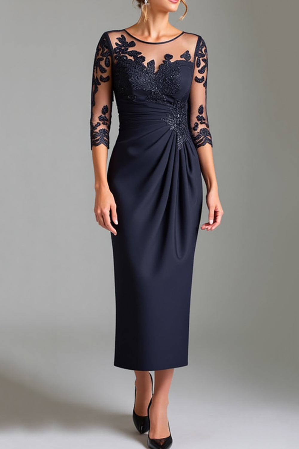 Navy Satin Sheath Illusion Neck Mother of the Bride Dress with Lace