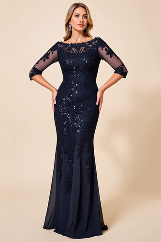 Navy Lace Mermaid Boat Neck Mother of the Bride Dress