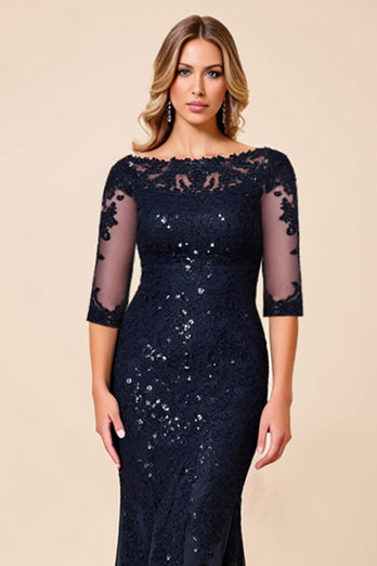 Navy Lace Mermaid Boat Neck Mother of the Bride Dress