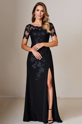 Black Satin Sheath Round Neck Mother of the Bride Dress with Slit