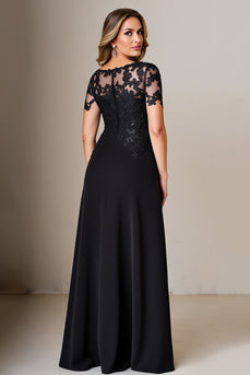 Black Satin Sheath Round Neck Mother of the Bride Dress with Slit