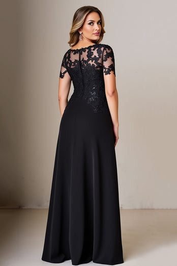 Black Satin Sheath Round Neck Mother of the Bride Dress with Slit