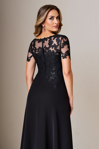 Black Satin Sheath Round Neck Mother of the Bride Dress with Slit