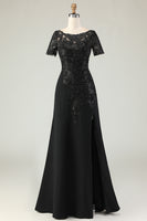 Load image into Gallery viewer, Black Satin Sheath Round Neck Mother of the Bride Dress with Slit