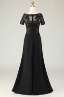 Load image into Gallery viewer, Black Satin Sheath Round Neck Mother of the Bride Dress with Slit