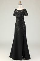 Load image into Gallery viewer, Black Satin Sheath Round Neck Mother of the Bride Dress with Slit
