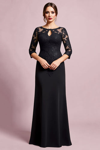 Black Satin Sheath Round Neck Mother of the Bride Dress with Lace