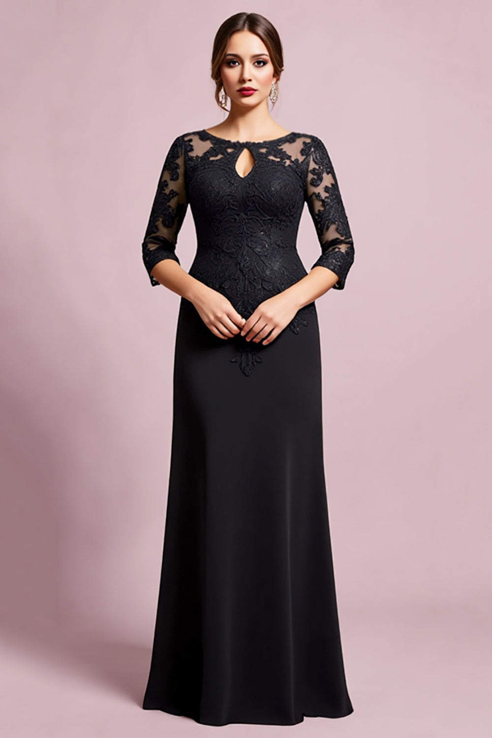 Black Satin Sheath Round Neck Mother of the Bride Dress with Lace