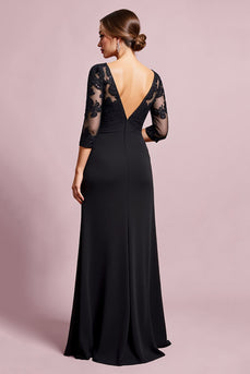 Black Satin Sheath Round Neck Mother of the Bride Dress with Lace