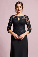 Load image into Gallery viewer, Black Satin Sheath Round Neck Mother of the Bride Dress with Lace