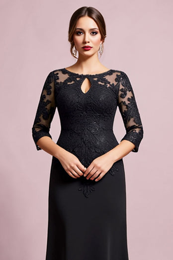 Black Satin Sheath Round Neck Mother of the Bride Dress with Lace