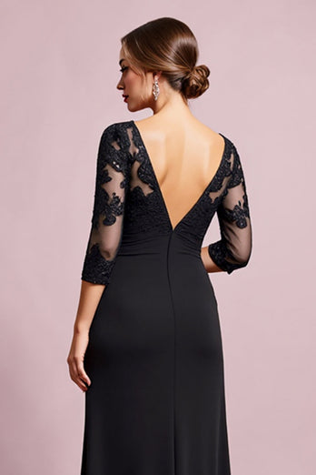 Black Satin Sheath Round Neck Mother of the Bride Dress with Lace