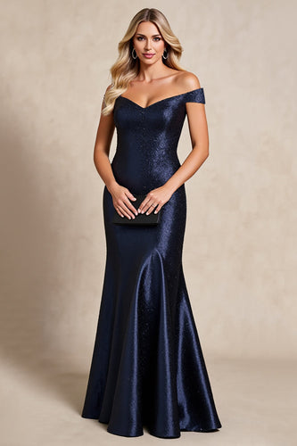 Navy Satin Mermaid Off The Shoulder Mother of the Bride Dress