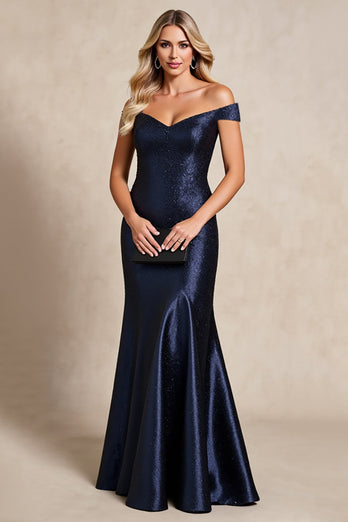 Navy Satin Mermaid Off The Shoulder Mother of the Bride Dress